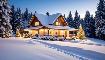 Snowy chalet at dusk