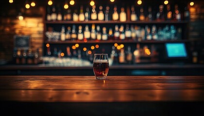 Single glass of dark beer on wooden bar counter with blurred background of illuminated bottles and glasses creating warm ambient lighting