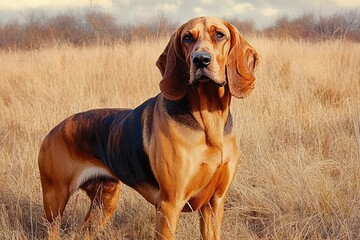 brown and black dog standing alert in a dry grassy field with a cloudy sky background
