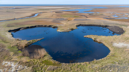 Drone shot showcasing a unique coastal wetland landscape serpentine waterways dark blue water.