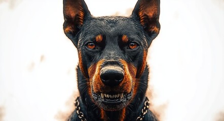 close-up of a black and brown dog with pointed ears baring its teeth intensely against a bright blurred background