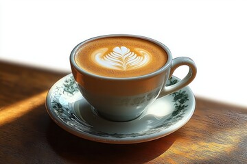 Cup of coffee with intricate latte art on a white ceramic saucer with floral patterns placed on a wooden table