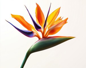 Close-up of a vibrant bird of paradise flower with bright orange petals and purple accents on a green stem against a light background