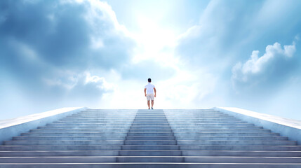 Man walking up majestic stairs toward bright sky with clouds during daylight