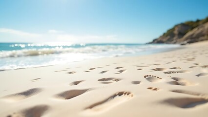 Soft white sand beach with gentle waves and scattered footprints. The texture captures the calm, natural beauty of a serene shoreline, perfect for backgrounds or nature-inspired designs