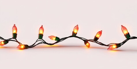 Close-up of glowing orange holiday string lights with green wiring on a white background, creating a warm festive ambiance