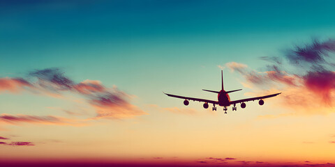 Obraz premium Airplane Silhouette Against a Vibrant Sunset Sky