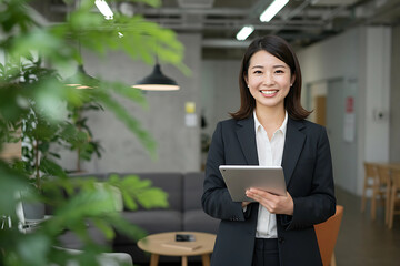 Portrait of Asian businesswoman using tablet in open office space, representing leadership, technology adoption, and productivity in modern business workflow