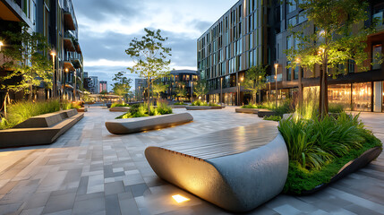 Modern urban space with artistic benches and greenery.