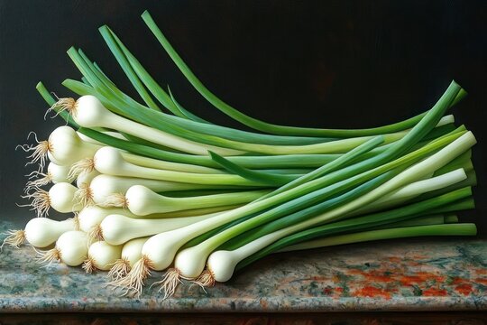 A fresh bundle of green onions neatly arranged on a textured stone surface with vibrant green leaves and white bulbs visible against a dark background