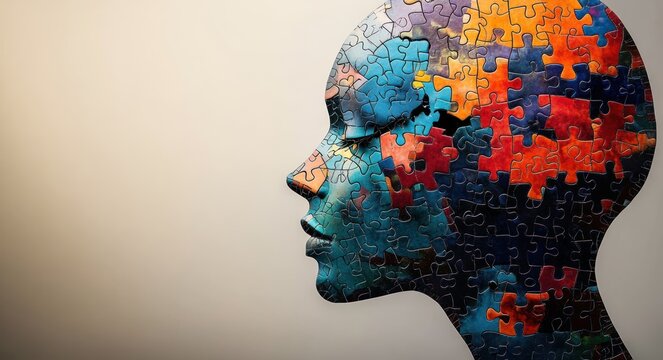 Colorful puzzle pieces forming a human head profile against a plain background symbolizing complexity and thought