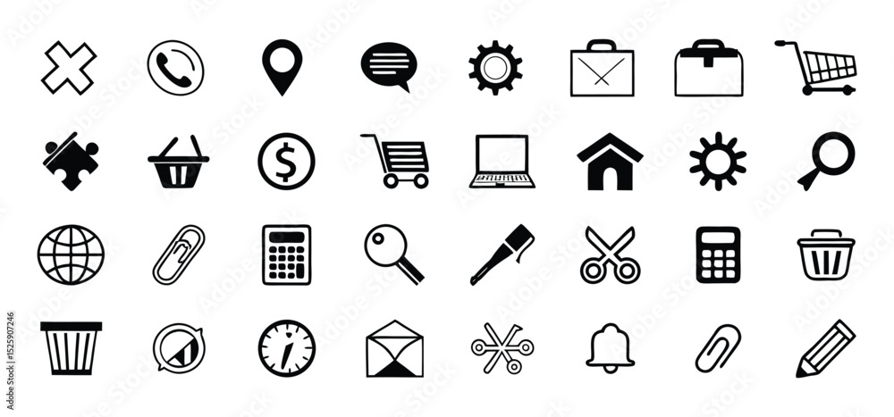 Poster a collection of black and white icons depicting website interface elements and business related conc