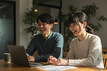 Two professionals collaborating on laptop in relaxed modern office, highlighting teamwork, creativity, and effective partnership in flexible business setting