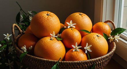 The image shows a basket of fresh, bright orange oranges, decorated with orange flowers and leaves, placed near a window with soft natural light. 