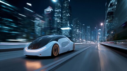Fototapeta premium Futuristic vehicle gliding through city lights, embodying speed and urban innovation 
