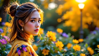 a woman with long hair standing in front of a garden filled with yellow flowers during what appears to be sunset