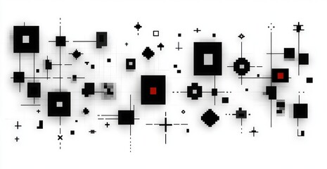 Abstract composition of interconnected black and gray geometric shapes with red centers on a white background, creating a digital and futuristic visual effect