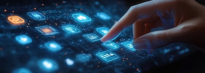 Close-up of a hand interacting with glowing futuristic digital interface icons on a transparent touchscreen panel with blue light and technological elements