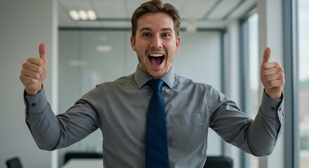 Happy businessman giving thumbs up in office setting, success in background