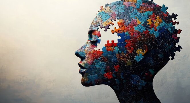 Side profile of a human head composed of colorful interlocking puzzle pieces with a missing section revealing an empty space, symbolizing thought and incomplete understanding