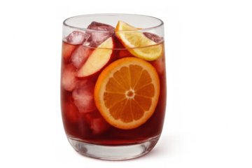 Vibrant sangria featuring red wine, chilling with colorful orange, apple, and lemon fruit slices over glistening ice