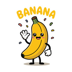 Cute Smiling Banana Mascot Waving with Confetti – Fun Cartoon Fruit Character Illustration