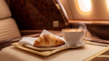 Elegant breakfast with croissant and steaming latte served on a luxurious airplane. Enjoy comfortable in-flight dining.