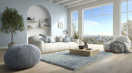 Bright minimalist space with soft furnishings and stunning view