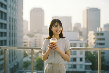 Young Asian woman standing on balcony with drink in hand during sunset, representing work break, wellness, and lifestyle balance in urban professional life