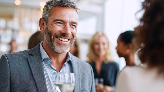 Confident businessman smiling at networking event
