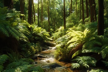 Serene creek flowing through lush rainforest in Tasmania Australia amidst vibrant greenery, Tasmania nature landscape Creek in Australia rainforest lush