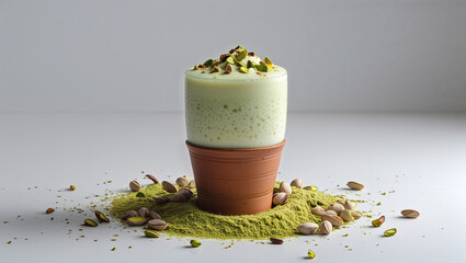 A pistachio milkshake in a terracotta pot surrounded by pistachio powder and whole pistachios