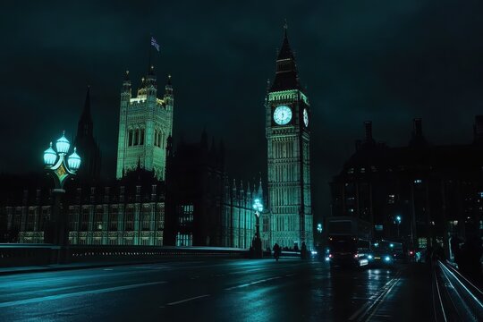Nighttime view of the Palace of Westminster and Big Ben illuminated against a dark London sky, Night timelapse at the Palace of Westminster, London