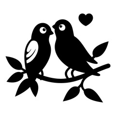 Romantic Bird Couple on Branch Black and White Illustration