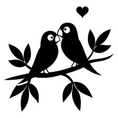 Adorable Lovebirds Perched on Branch Romantic Black and White Illustration