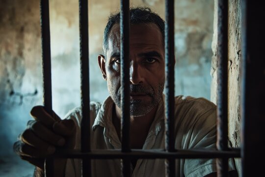 Man grips prison bars in ancient cell, conveying a sense of desperation and confinement, Man Holds Prison Bars In Ancient Setting