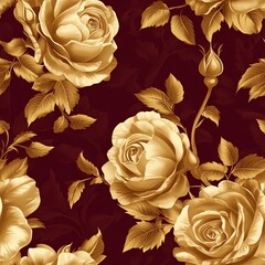Ornamental golden roses with fine detailing, creating a seamless flow over a deep burgundy background, perfect for high-end decor