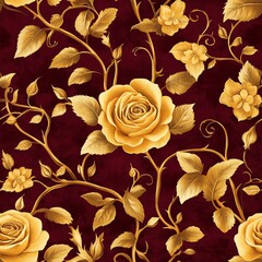 An intricate design of golden roses intertwined with vines, seamlessly repeating over a rich burgundy background, exuding vintage charm
