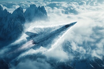 Supersonic fighter jet executes high speed pass with vapor trails in mountainous clouds, Supersonic F 35 Fighter Jet High Speed Pass with Vapor Cone to Vertical Climb TRACK