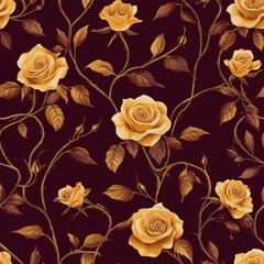 An intricate design of golden roses intertwined with vines, seamlessly repeating over a rich burgundy background, exuding vintage charm