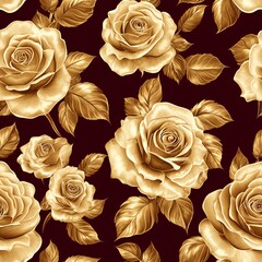Sophisticated golden roses with detailed petal designs, forming a seamless pattern on a luxurious burgundy backdrop, ideal for elegant stationery