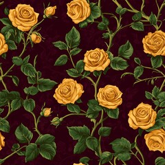 A seamless pattern of delicate golden roses intertwined with lush green leaves, set against a deep burgundy backdrop, exuding elegance and sophistication