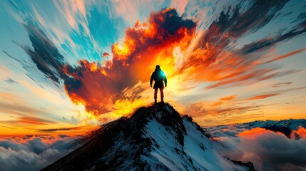 Fototapeta premium Dreamlike Fusion of Adventurous Spirit Against Colorful Horizon