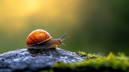 Small Snail Resting on Dewy Rock with Glowing Background Light