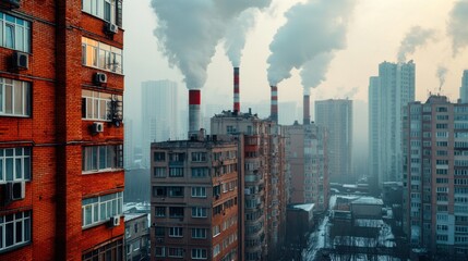 Naklejka premium Urban Landscape with Heavy Smog and Polluted Air Quality Effects