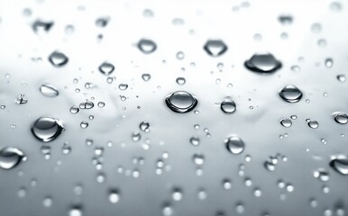 Close-up view of numerous water droplets on a smooth surface with a reflective background creating a calm and fresh atmosphere