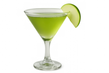 Green apple martini cocktail presenting crisp fruit garnish, placed against transparent background