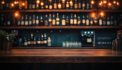 Warmly lit wooden bar counter with shelves full of bottles and hanging vintage light bulbs creating cozy and inviting atmosphere