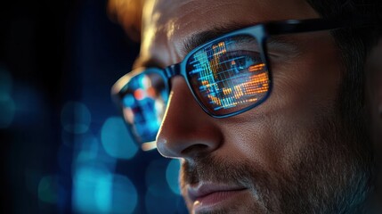 Close-up of a man wearing glasses reflecting colorful digital data and graphs displaying financial or technological information, focused and thoughtful expression