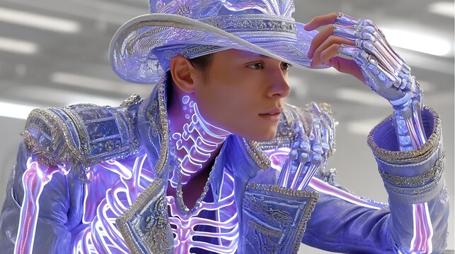 Futuristic Fashion Model with Radiant Skeleton Design and Metallic Hat in Neon Environment